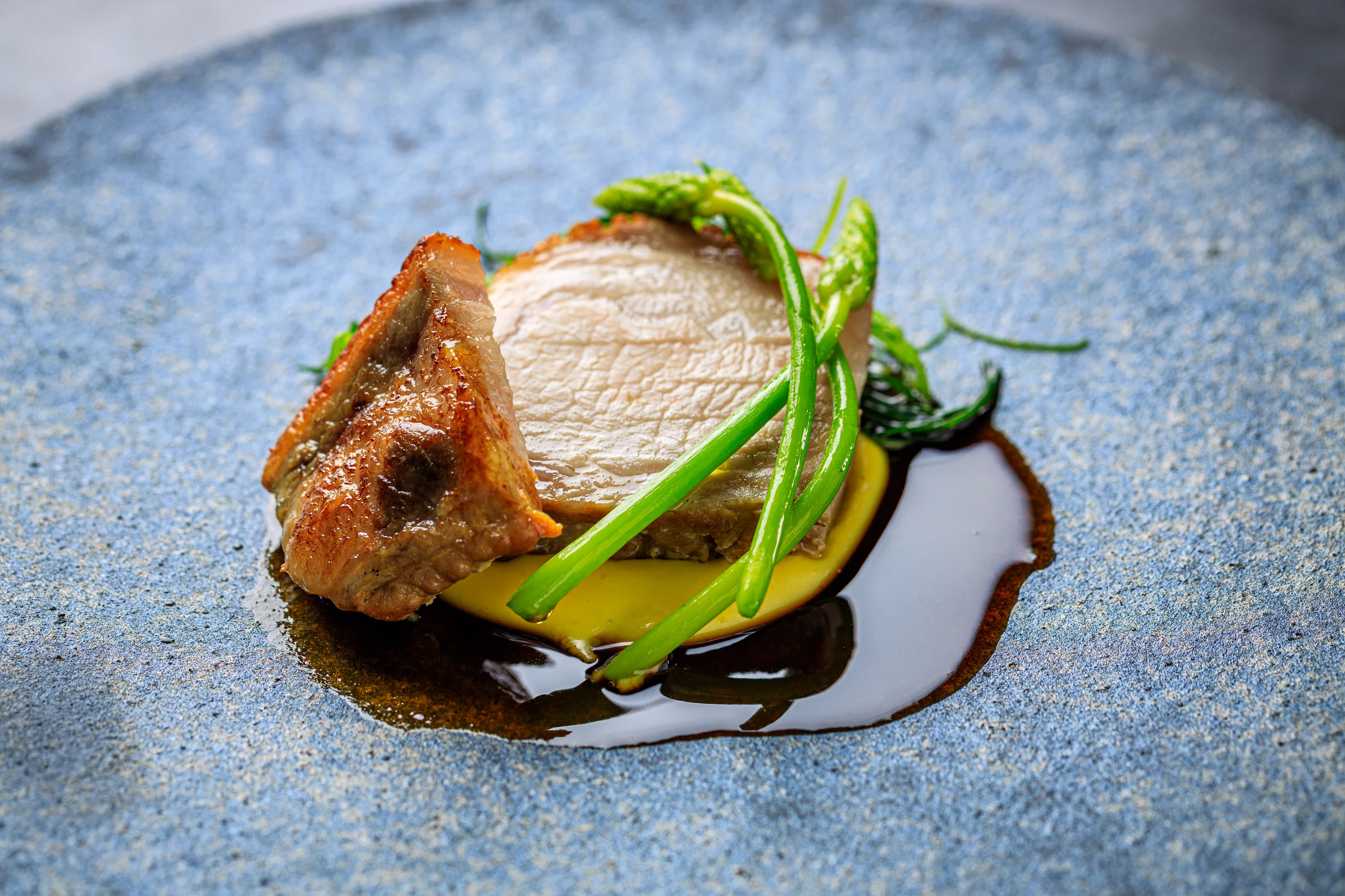 Roasted meat, greens and dark sauce on a textured blue plate.