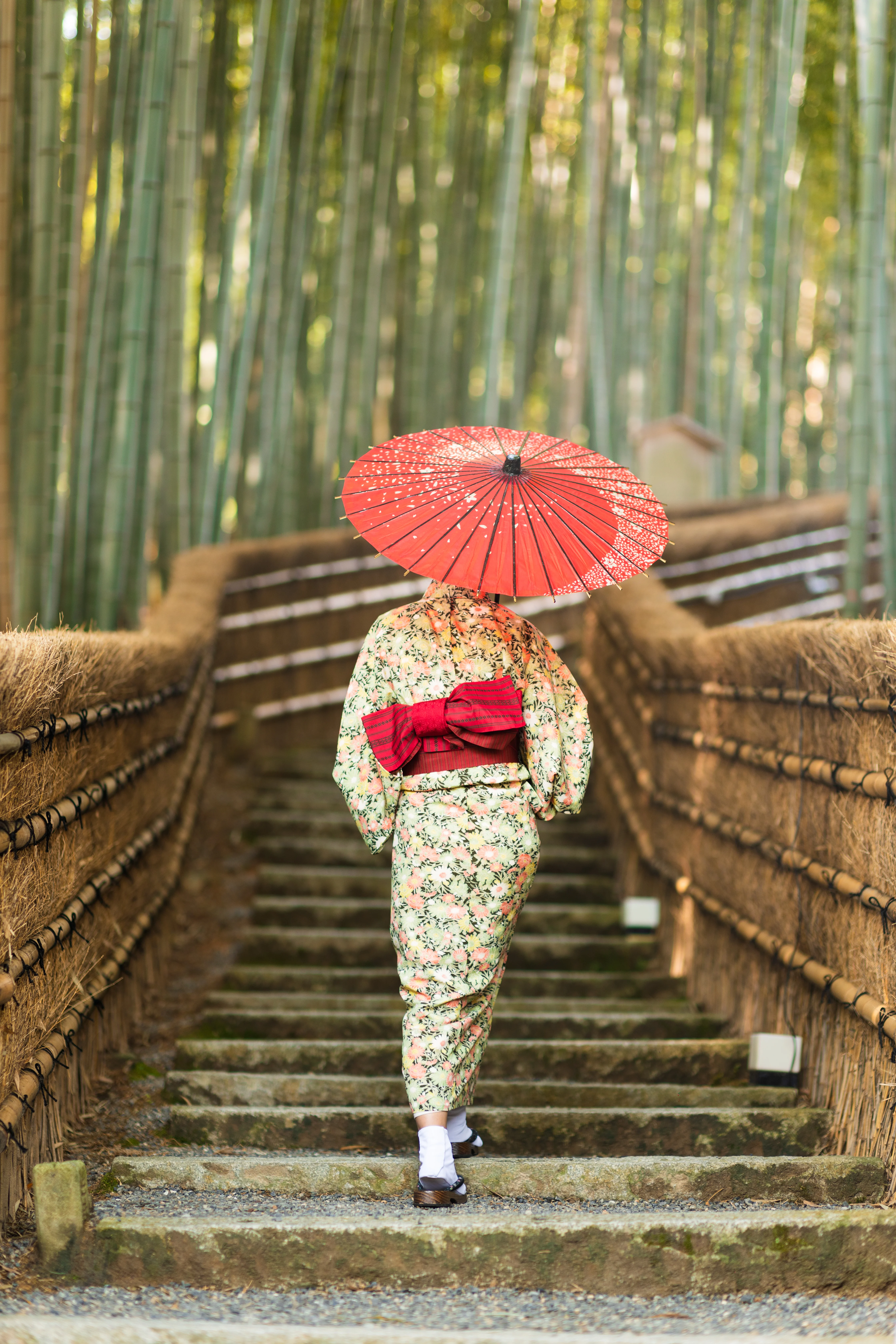 A person in kimono carrying a red parasol along bamboo-lined steps.